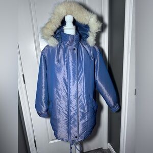 Likely Vintage J.G. Hook Iridescent Blue Fur Trim Hooded Parka Coat Periwinkle